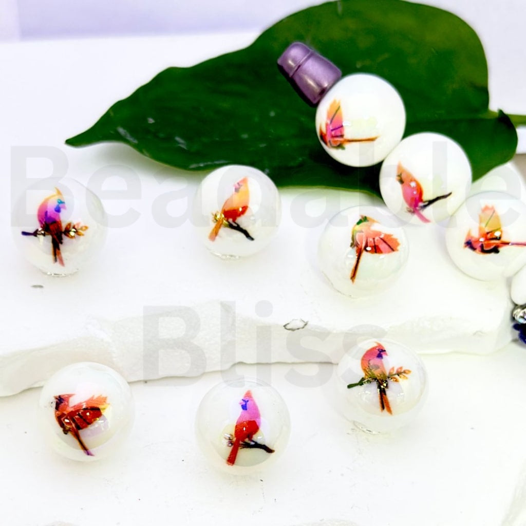 UV Finish Cute Red Bird Cardinal White Round Acrylic Beads, 16MM