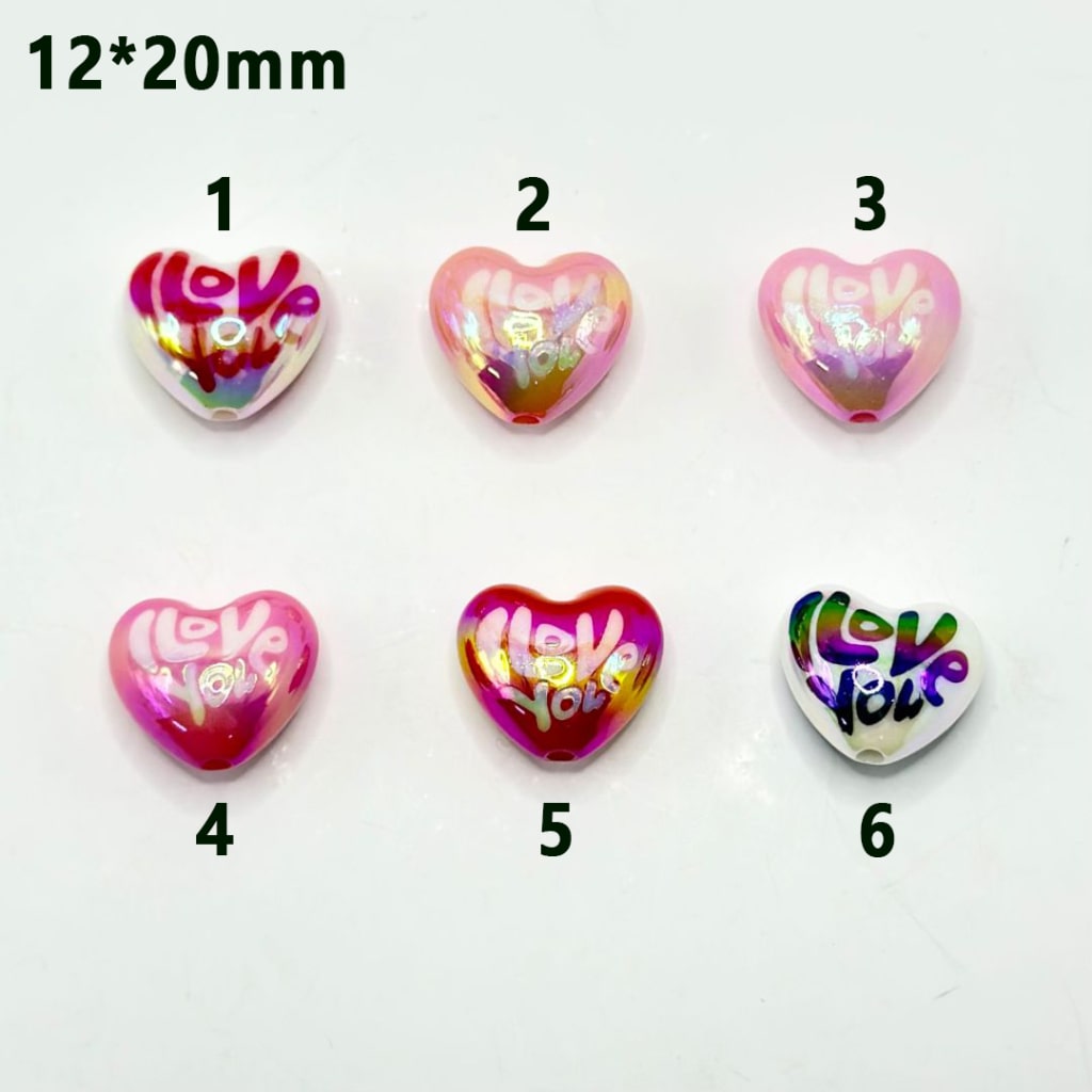 UV Finish Shiny Colorful Heart Acrylic Beads with Love You Valentines, 19*21MM