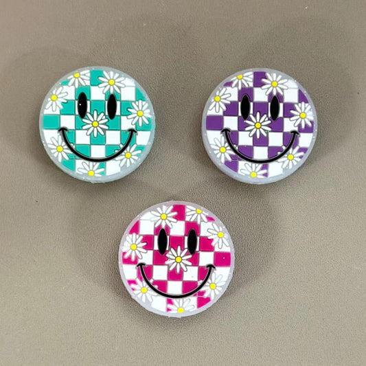 Smile Face Mini Flower Purple-White Square Checkers Round Silicone Focal Beads