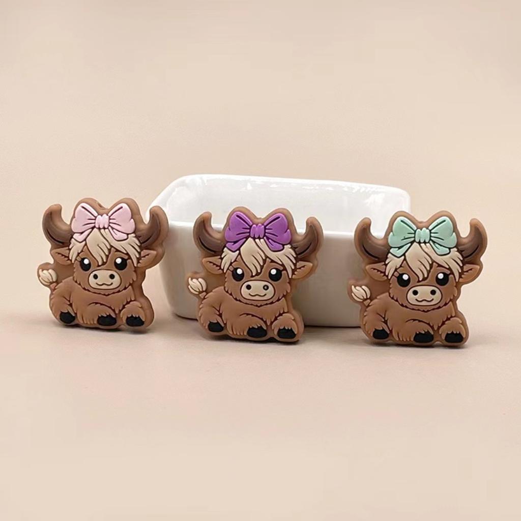 Brown Highland Cow Calf with Bowtie Silicone Focal Beads Random Mix