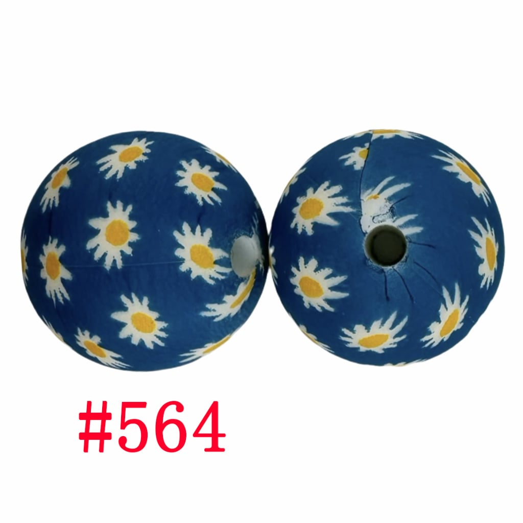 Daisy Chamomile Blue Background Round Printed Silicone Beads, 15mm, Number 564