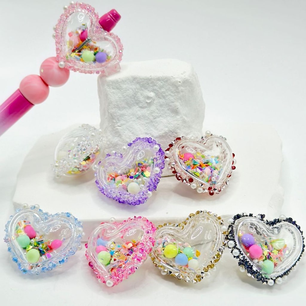 Clear Hollow Heart Shake Acrylic Beads Colorful Confetti Flake Star Snowflake Ball Heart Inside with Colorful Rhinestones Sugar Wrap White Pearls, Around 37*30MM