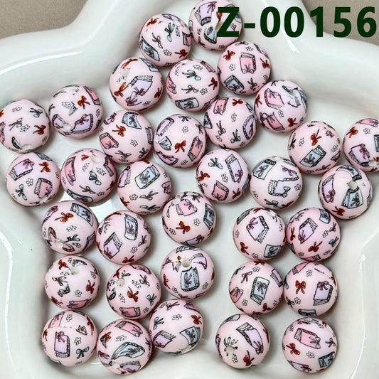 Books Bowknots Mini Flowers Pink Round Printed Silicone Beads 15mm, Number Z-00156