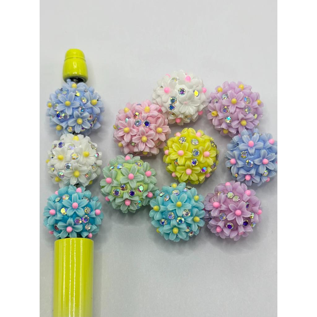 Floral Clay Beads with Flowers and AB Rhinestones Yellow Pistil 18mm Random Mix