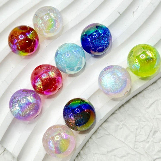 UV Finish Cat Eye Style Shiny Colorful Glittery Round Acrylic Beads, Random Mix, 16MM