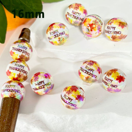 UV Finish Glossy Happy Thanksgiving Maple Leaf Round Acrylic Beads, 16MM