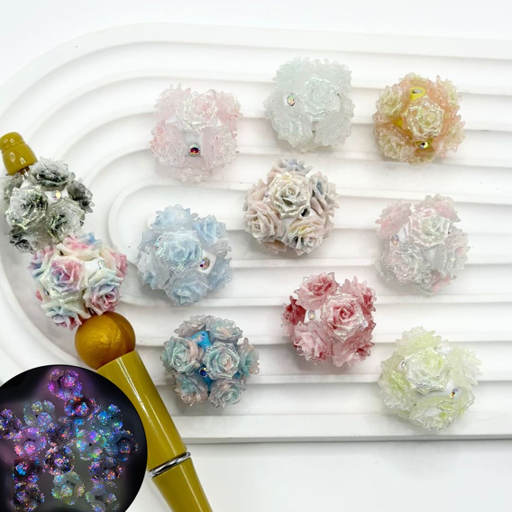 Luminous Ombre Color Glitter Flowers AB Rhinestones Round Clay Beads, Random Mix, Around 24MM