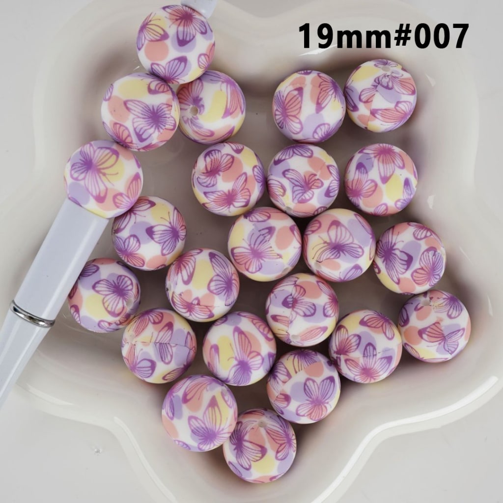 Large Purple Butterfly Colorful Round Printed Silicone Beads 19MM, Number 007