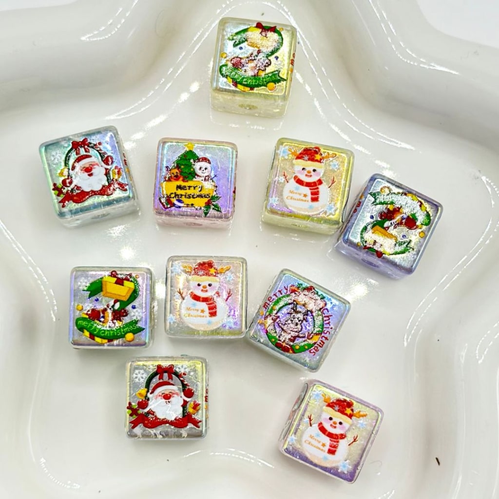 UV Coating Merry Christmas Square Cube Acrylic Beads, Random Mix, 16MM