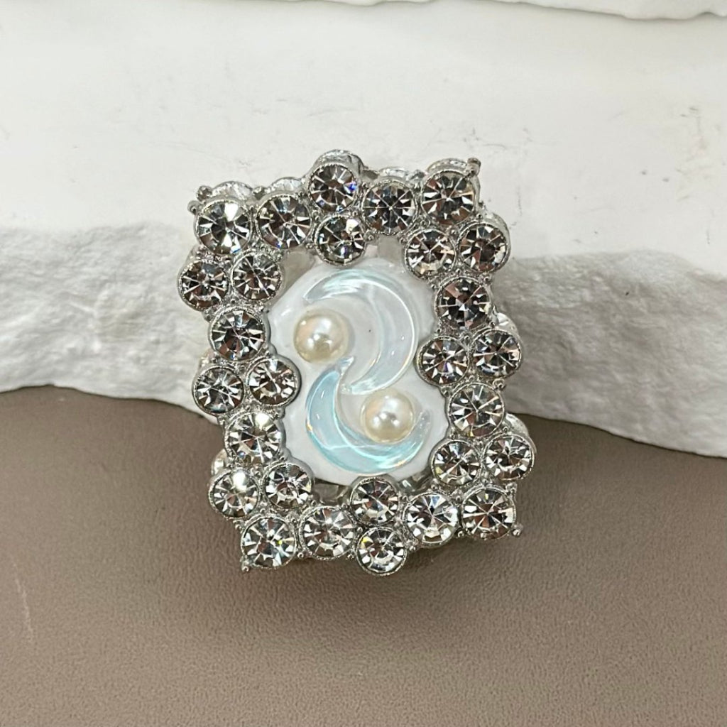 Exquisite Fancy Silver Alloy Rectangle Frame with Colorful Rhinestones White Pearls Clear Crescent Moon Clay Beads, Around 37*29MM