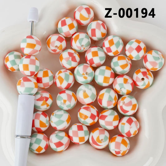 Colorful Checkers White Round Printed Silicone Beads 15MM, Number Z-00194