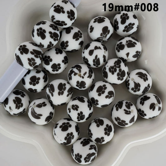 Large Black Paw Prints White Round Printed Silicone Beads 19MM, Number 008