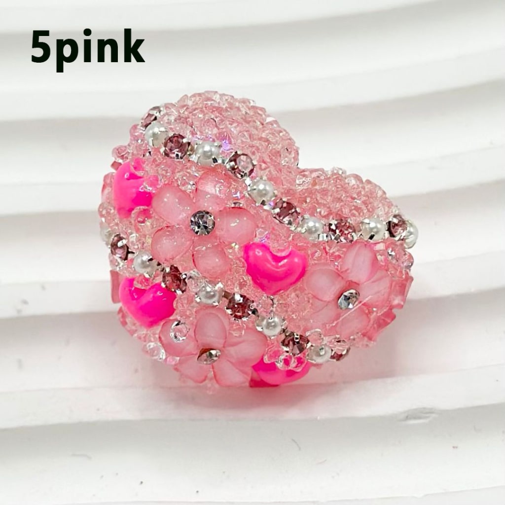 Bling Bling Heart Shape Clear Sugar Acrylic Beads with Colorful Mini Flowers Hearts Shiny Rhinestones & White Pearls Chain, Around 26*21MM