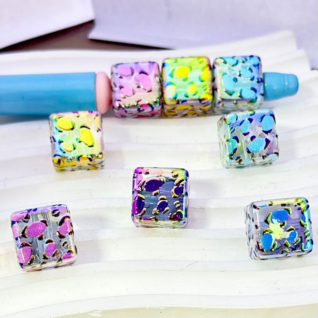 UV Finish Colorful Spots Clear Cube Square Acrylic Beads, 14MM, Please Read the Description