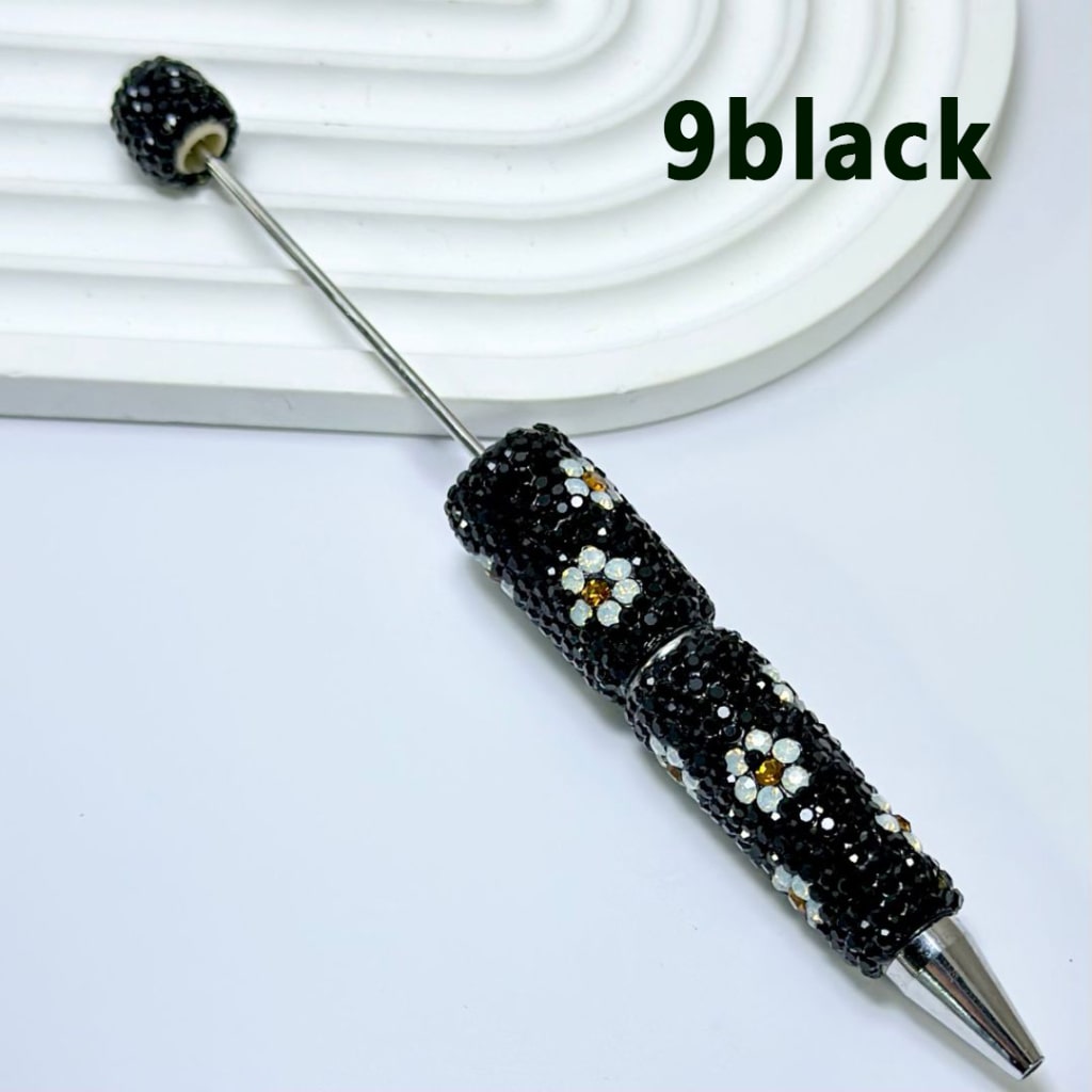 Beadable Clay Pens with White & Gold Flowers Colorful Shiny Rhinestones Covered the Entire Pen