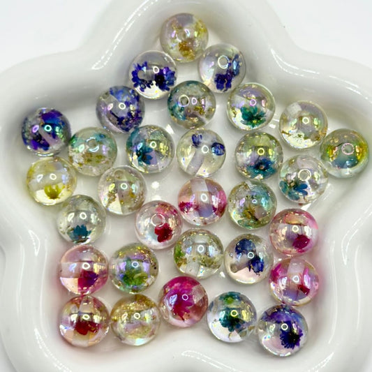 Clear UV Coating Acrylic Beads with Dry Flower Gold Foil Paper Inside, Random Mix, 16MM