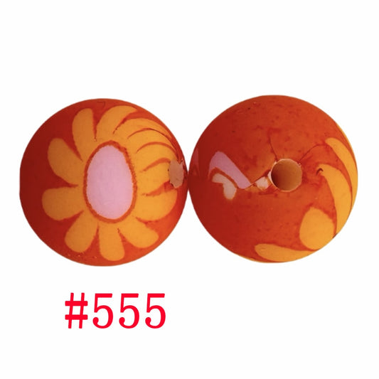 Orange Yellow Sunflower Round Printed Silicone Beads, 15mm, Number 555