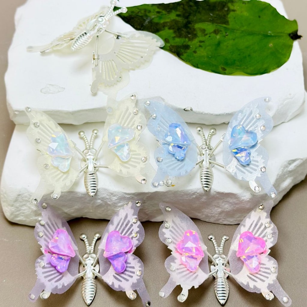 Exquisite Silver Alloy Butterfly with Clear Rhinestones Colorful Fabric Wings Shiny Hearts Diamonds, Around 53*43MM