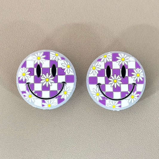 Smile Face Mini Flower Purple-White Square Checkers Round Silicone Focal Beads