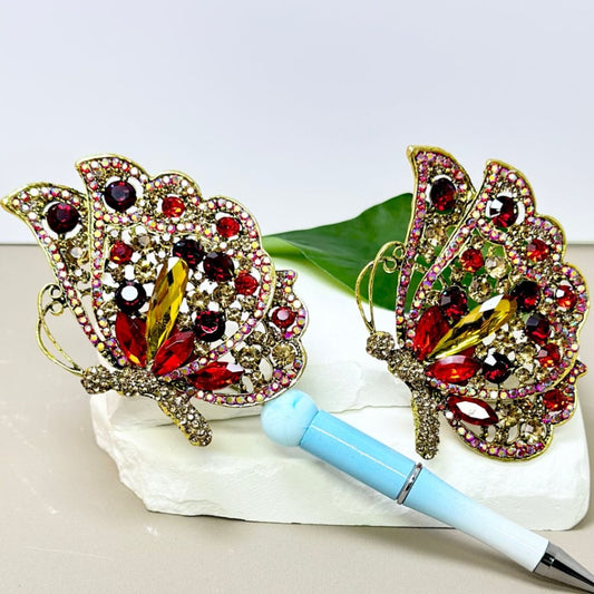 Delicate Fancy Gold Alloy Butterfly with Colorful Shiny Rhinestones White Pearls Butterfly Star Heart Diamond Red Clay Beads, Around 88*64MM