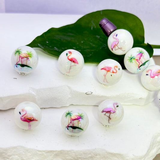 UV Finish Cute Pink Flamingo White Round Acrylic Beads, 16MM