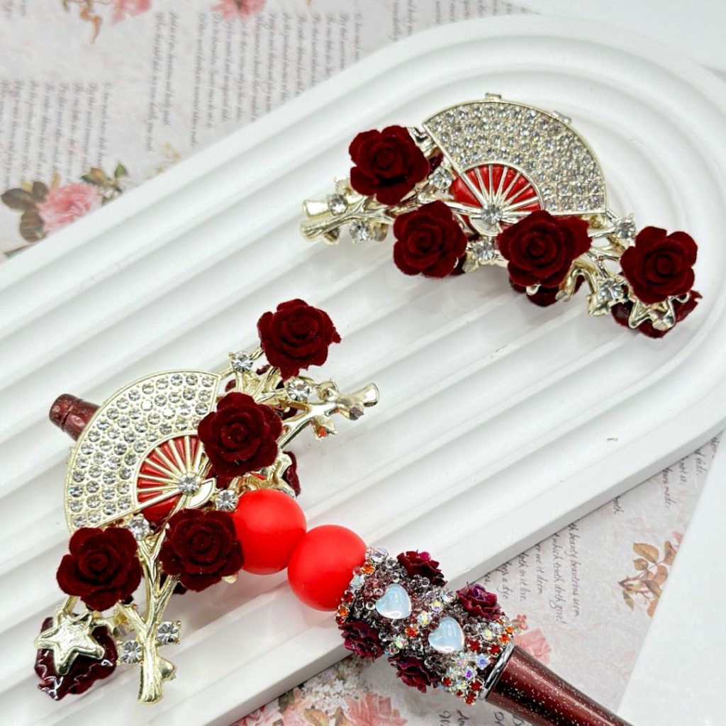 Bling Bling Delicate Alloy Fan Branch Red Flower with Clear Rhinestones Clay Beads, Around 82*36MM