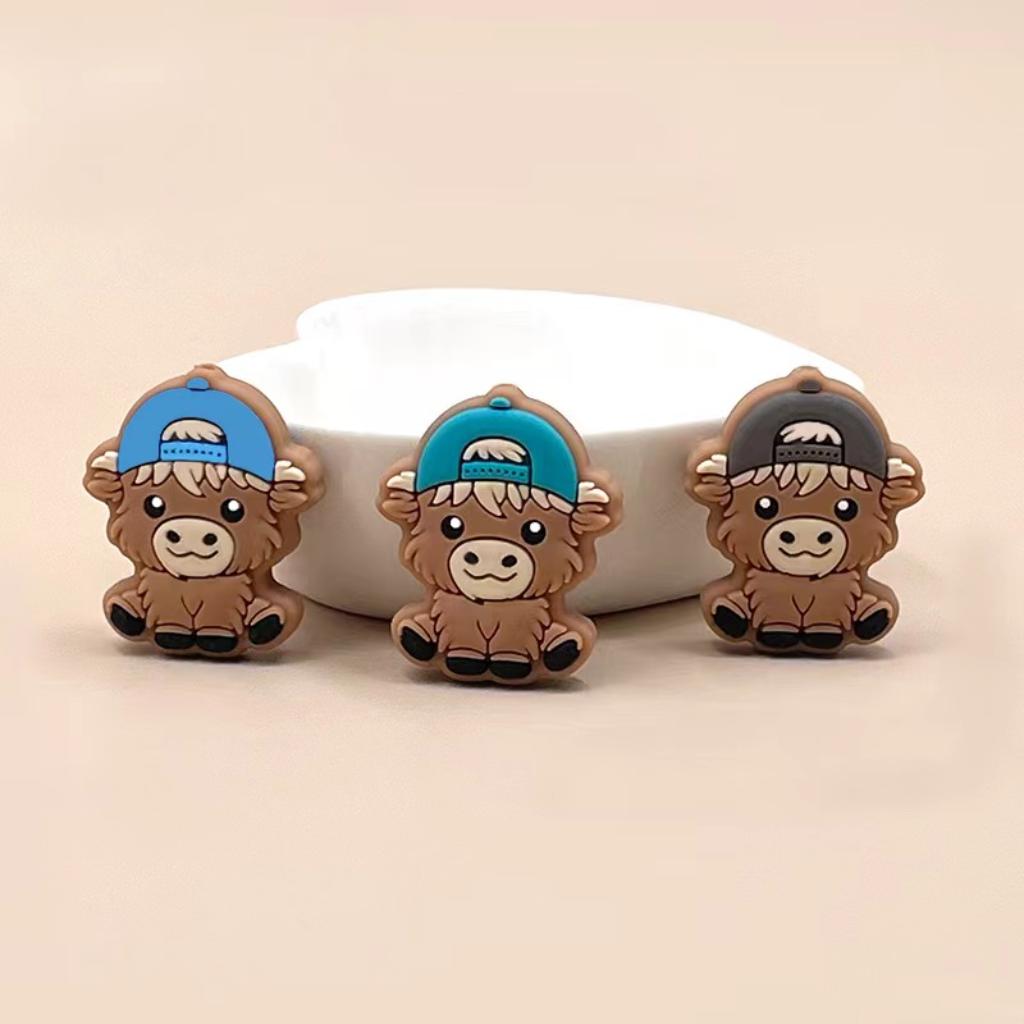 Cute Brown Highland Cow Calf Wearing Hat Silicone Focal Beads