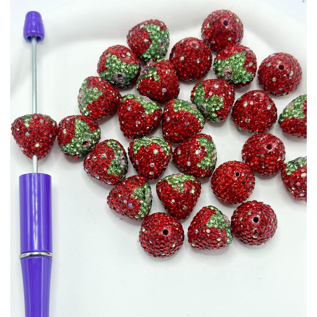 Small Strawberry Clay Beads with Clear Rhinestones, 16MM by 17MM，With Hole