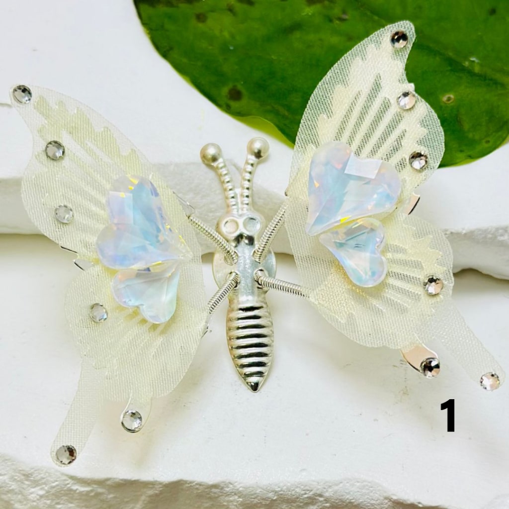 Exquisite Silver Alloy Butterfly with Clear Rhinestones Colorful Fabric Wings Shiny Hearts Diamonds, Around 53*43MM