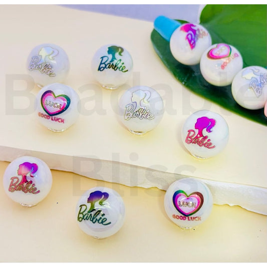 UV Finish Good Luck Heart Fashion Girl Barbi White Round Acrylic Beads, 16MM, Random Mix