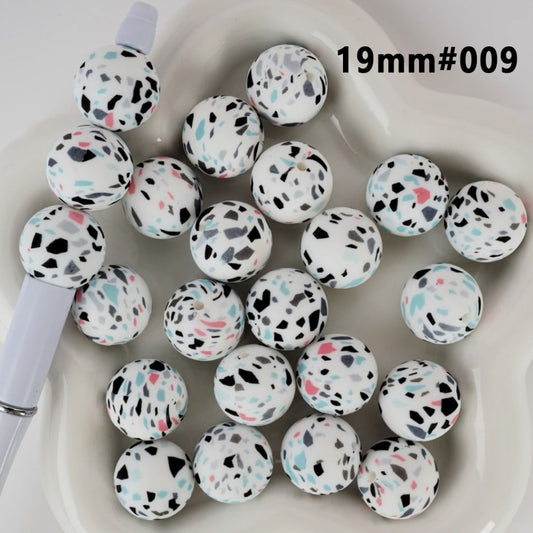 Colorful Fragments White Round Printed Silicone Beads 19MM, Number 009