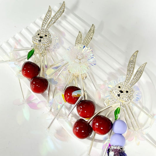 Exquisite Gold Alloy Bunny Rabbit Cherries with Mini Clear Rhinestones White Heart Pearls Bling Bling Flakes White Clay Beads, Around 114*35MM