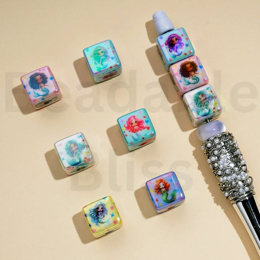 UV Coating Cute Mermaid Series Cube Square Acrylic Beads, 14MM, Random Mix