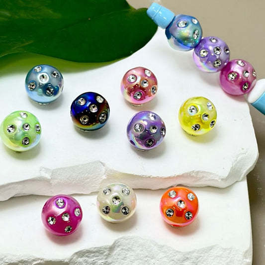 UV Finish Shiny Colorful Round Acrylic Beads with Mini Silver Rhinestones, 16MM, Random Mix