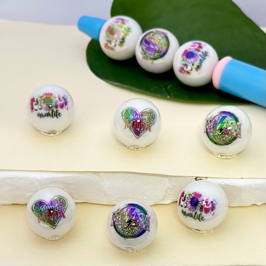 UV Finish Jaguar Print Heart Flower Mom Mama White Round Acrylic Beads, 16MM, Random Mix