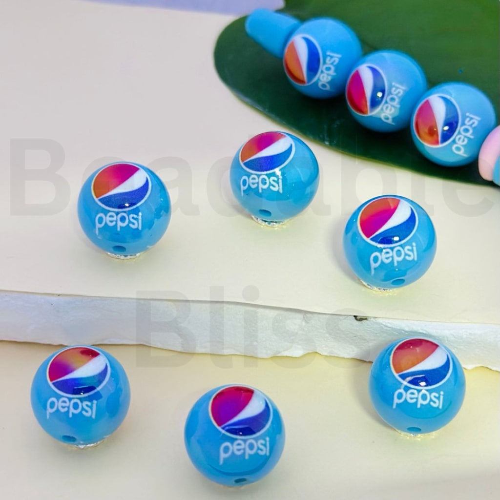 UV Finish Blue Peps Cola Soda Carbonated Soft Drink Round Acrylic Beads, 16MM