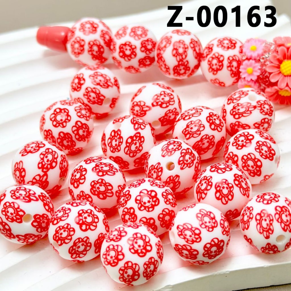 Red Smile Face Flower White Round Printed Silicone Beads 15mm, Number Z-00163