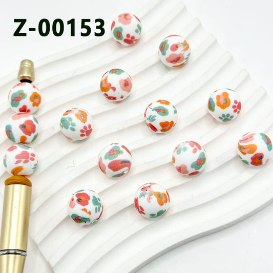 Colorful Cute Puppy Dog Paw Round Printed Silicone Beads 15mm, Number Z-00153