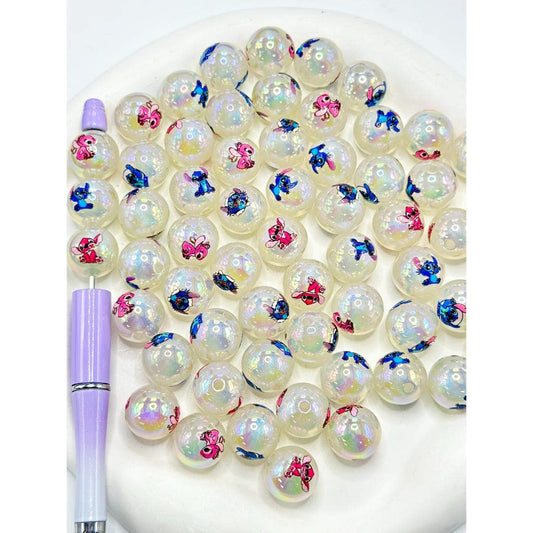 Cute Cartoon Blue Monster Acrylic Beads Round UV Finish Semi Transparent Clear See thru Glittery 16mm