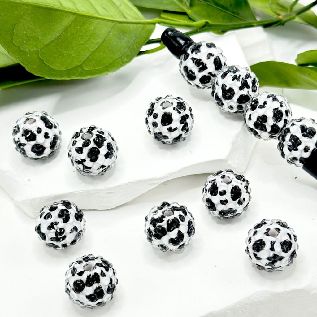 Cow Print Black White Clear Rhinestone Round Acrylic Beads, 16MM