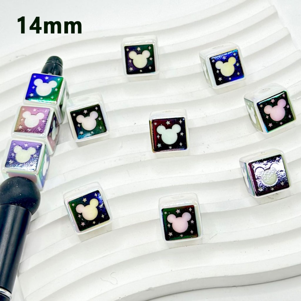 UV Finish Black White Mouse Head Micki Star Cube Square Acrylic Beads, 14MM