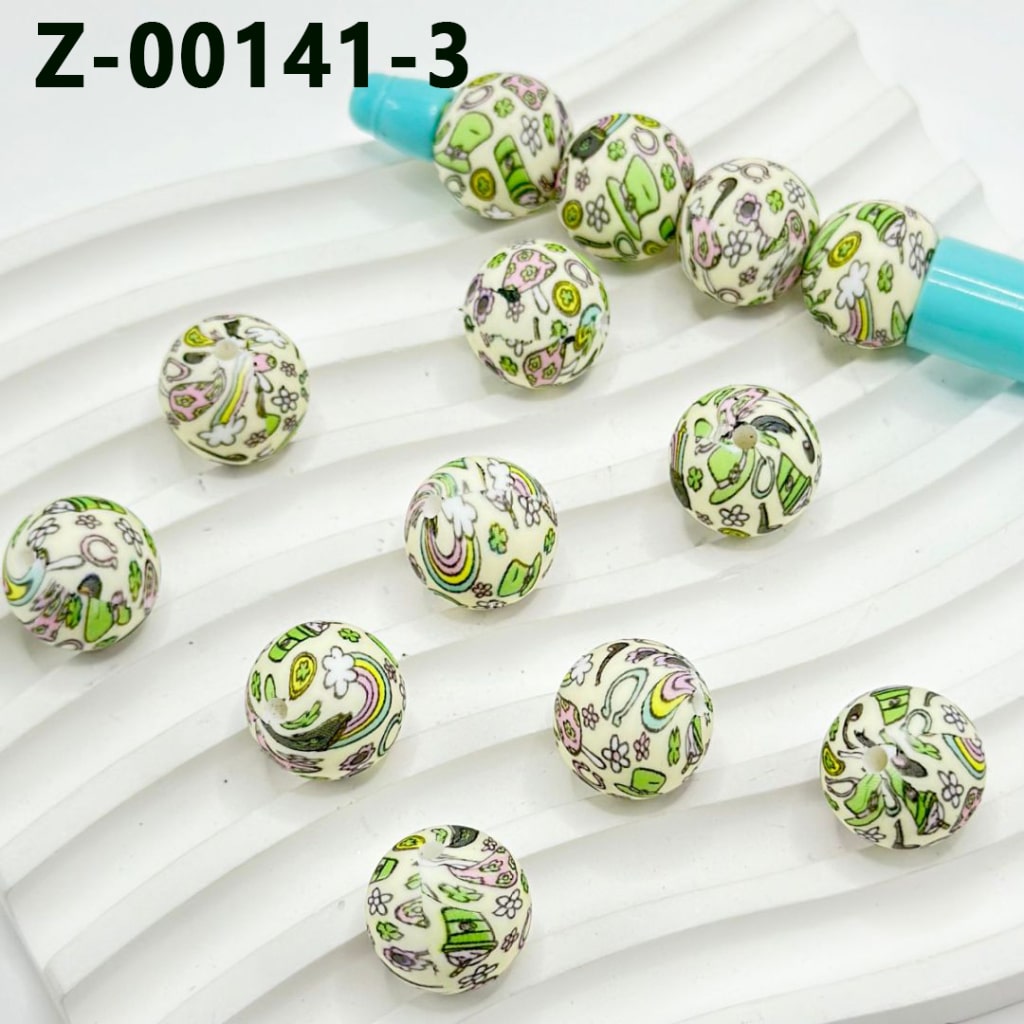 Green Leaf Clover Rainbow Cloud Hat Drink Flower Round Printed Silicone Beads 15mm, Number Z-00141