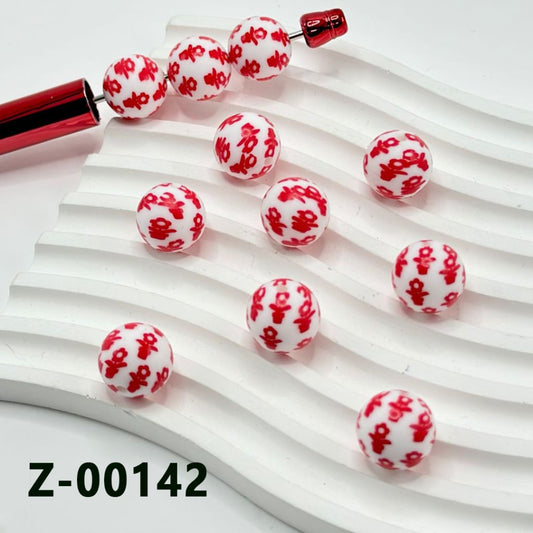 Cute Red Potted Plant Bonsai Flower Round Printed Silicone Beads 15mm, Number Z-00142