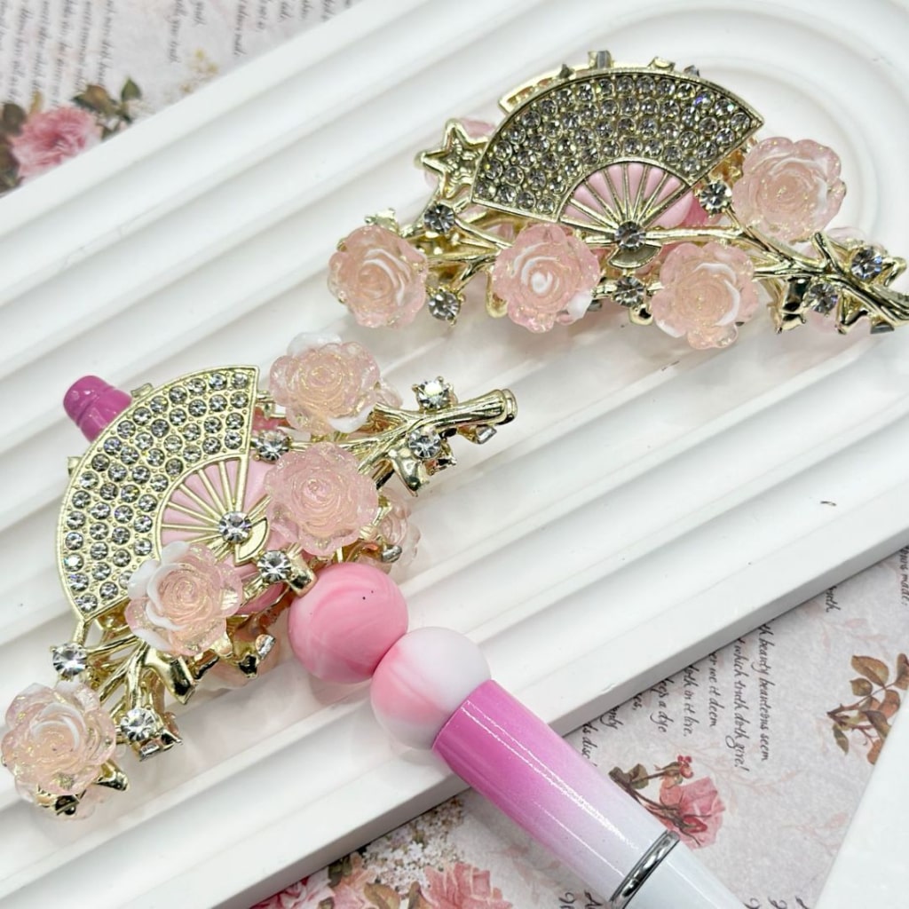 Bling Bling Delicate Alloy Fan Branch Pink Flower with Clear Rhinestones Clay Beads, Around 82*36MM