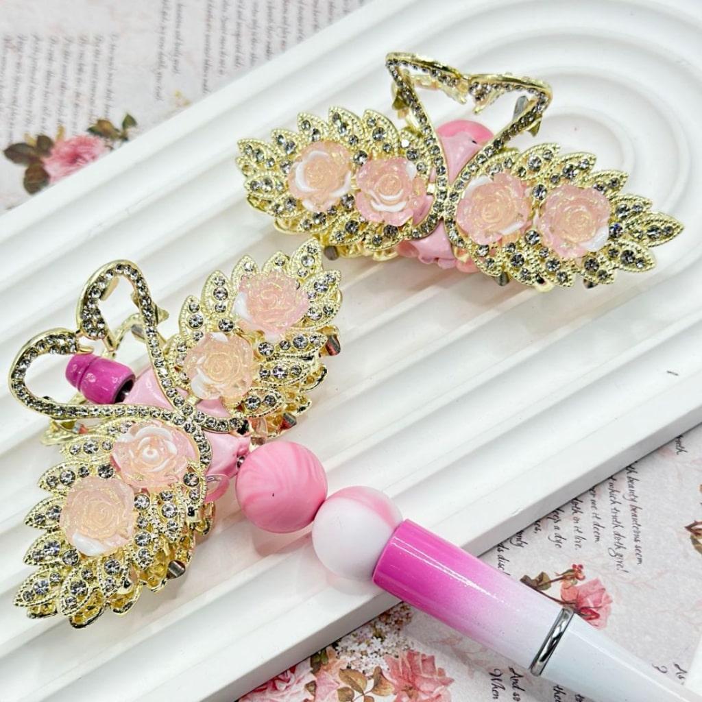 Exquisite Gold Color Alloy Swan with Cute Pink Flowers Mini Clear Rhinestones Clear Pearls Clay Beads, Around 78*37MM