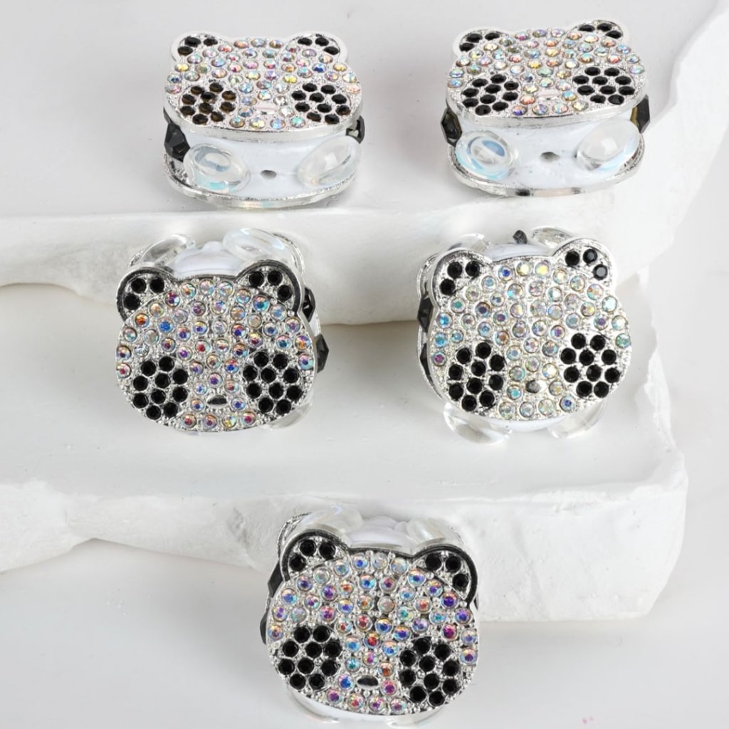 Fancy Silver Alloy Cute Bear Head with AB Black Rhinestones Round Clay Beads, Around 22*20MM