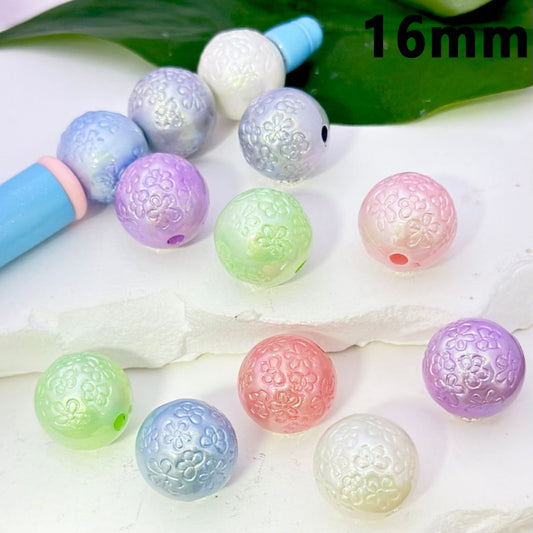 Shiny Colorful Round Acrylic Beads with Mini Cute Flowers, 16MM, Please Read the Description