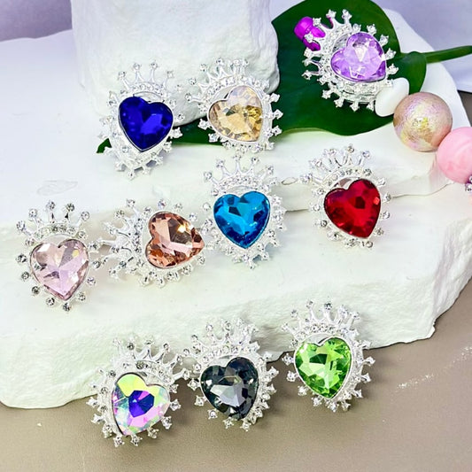 Bling Bling Silver Alloy Heart Crown with Clear Rhinestones Large Colorful Heart Diamonds Beads, Around 21*28MM