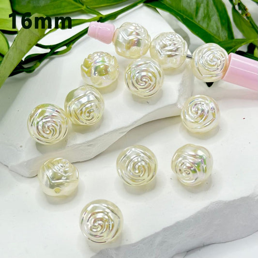 UV Finish Pearl White Rose Flower Round Acrylic Beads, 16MM