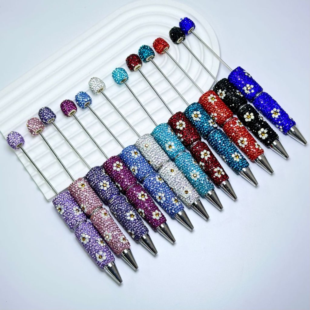 Beadable Clay Pens with White & Gold Flowers Colorful Shiny Rhinestones Covered the Entire Pen